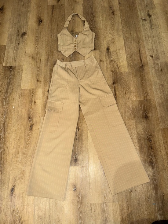 Fashion Nova Pants - Fashion Nova Beige Pinstripe Wide-Leg Cargo Pants with Matching Halter Vest